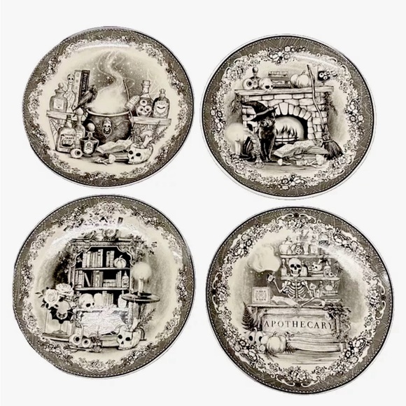 Eaton Fine Dining Halloween Apothecary Gothic Fun 8” Plates New Boxed Set of 4 - Picture 4 of 10